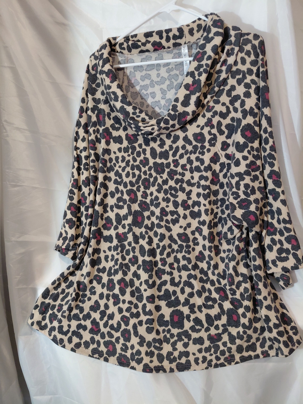 Cowl-Neck Leopard Print Tunic in Beige with Pink Accents - Picture 4 of 10